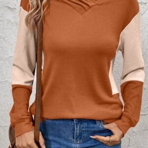 Gold Flame Contrast Color Ribbed Patchwork Crossed Pullover Neck Hoodie