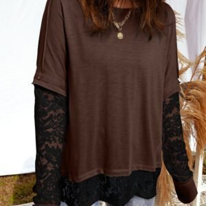 Dark Brown Sheer Lace Patchwork Casual Long Sleeve Tee