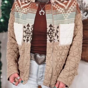 Light French Beige Aztec Quilted Patchwork Western Fashion Jacket