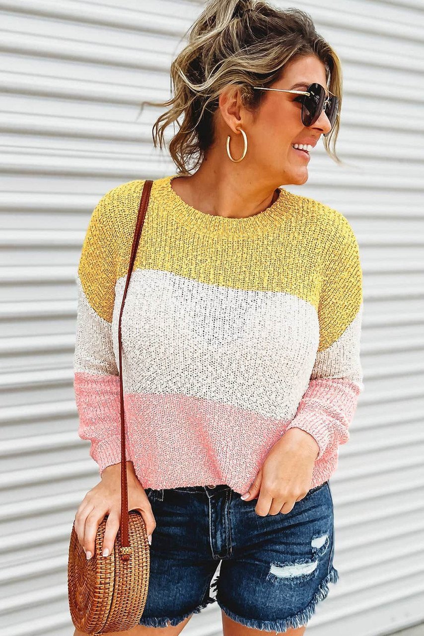 Yellow Colorblock Bubble Sleeve Plus Size Sweater