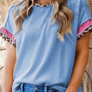 Sky Blue Leopard Patchwork Corded Knit Crew Neck T Shirt