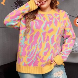 Bright Pink Plus Size Leopard Ribbed Trim Sweater