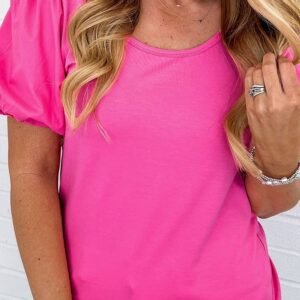 Strawberry Pink Casual Round Neck Bubble Sleeve T-Shirt