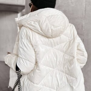 White Solid Quilted Hooded Zip Up Puffer Coat