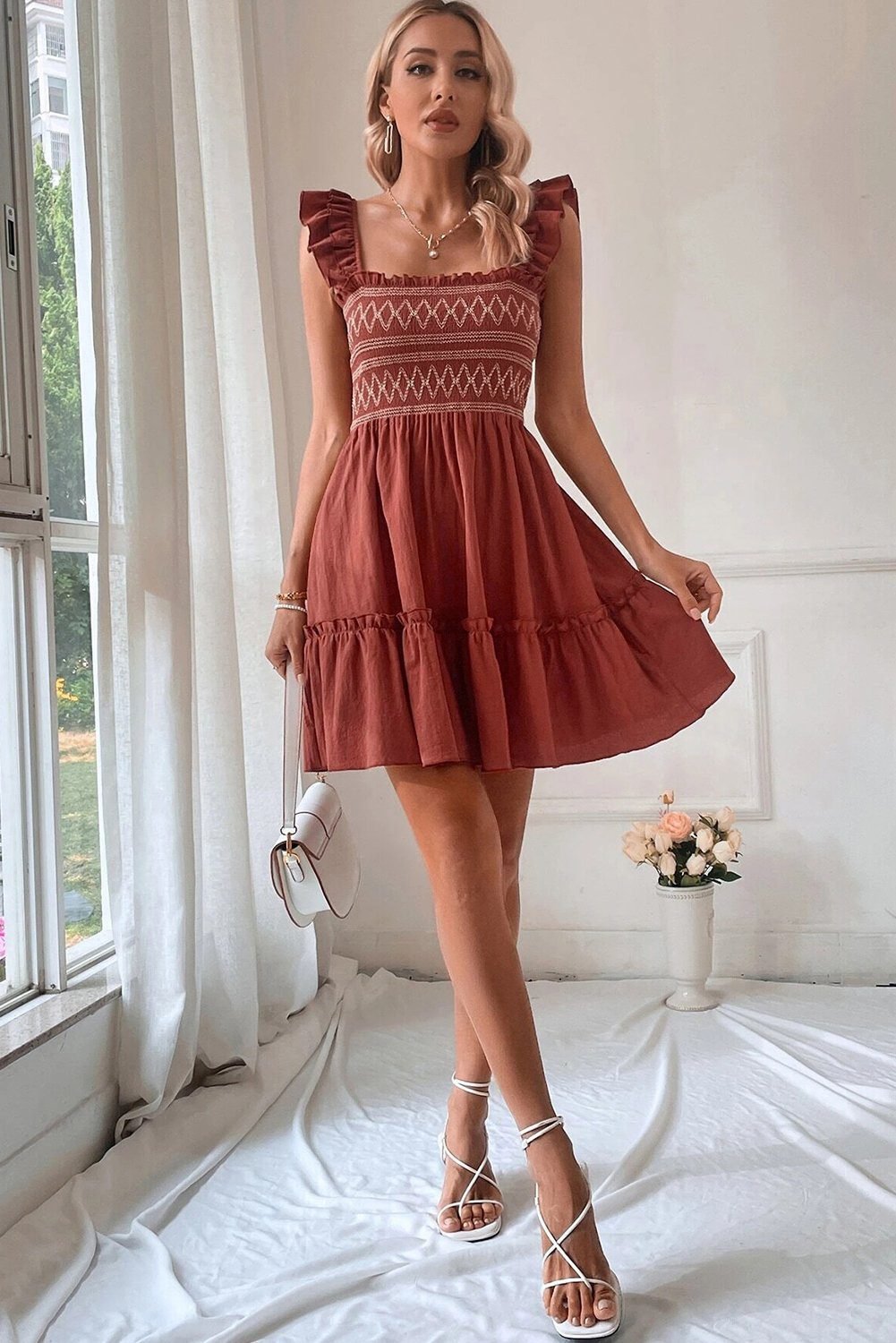 Red Sandalwood Geometric Stitch Shirred Bodice Ruffled Trim Sleeveless Mini Dress