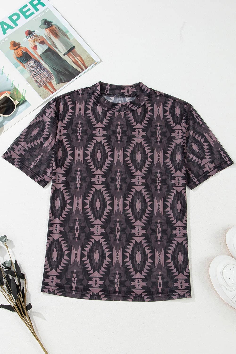 Brown Aztec Print Mock Neck Short Sleeve Mesh T Shirt