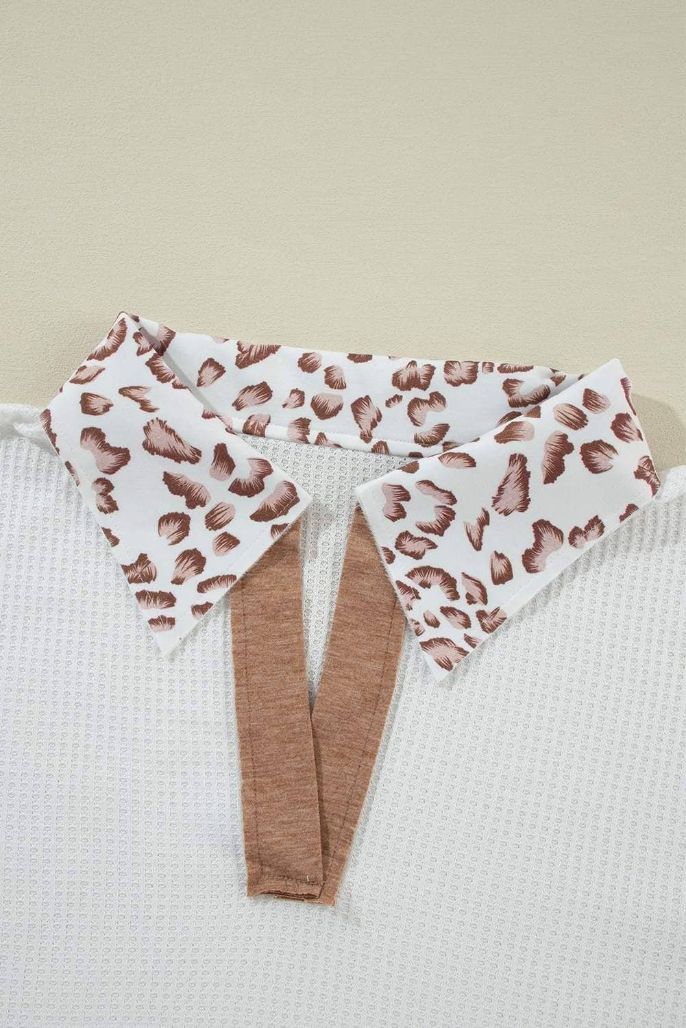 White Leopard Patchwork Turn-Down Collar Waffle Top