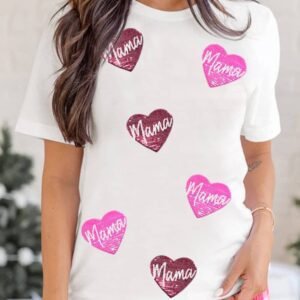 White Mama Heart Shape Sequin Patched Crew Neck T Shirt