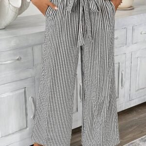 Black Stripe Tied High Waist Loose Straight Casual Pants