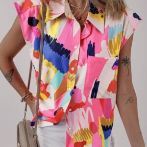 Multicolour Abstract Print Collared Cap Sleeve Casual Shirt