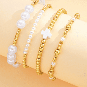 Gold Pearl Plated Alloy Multi Layer Stretch Bracelet