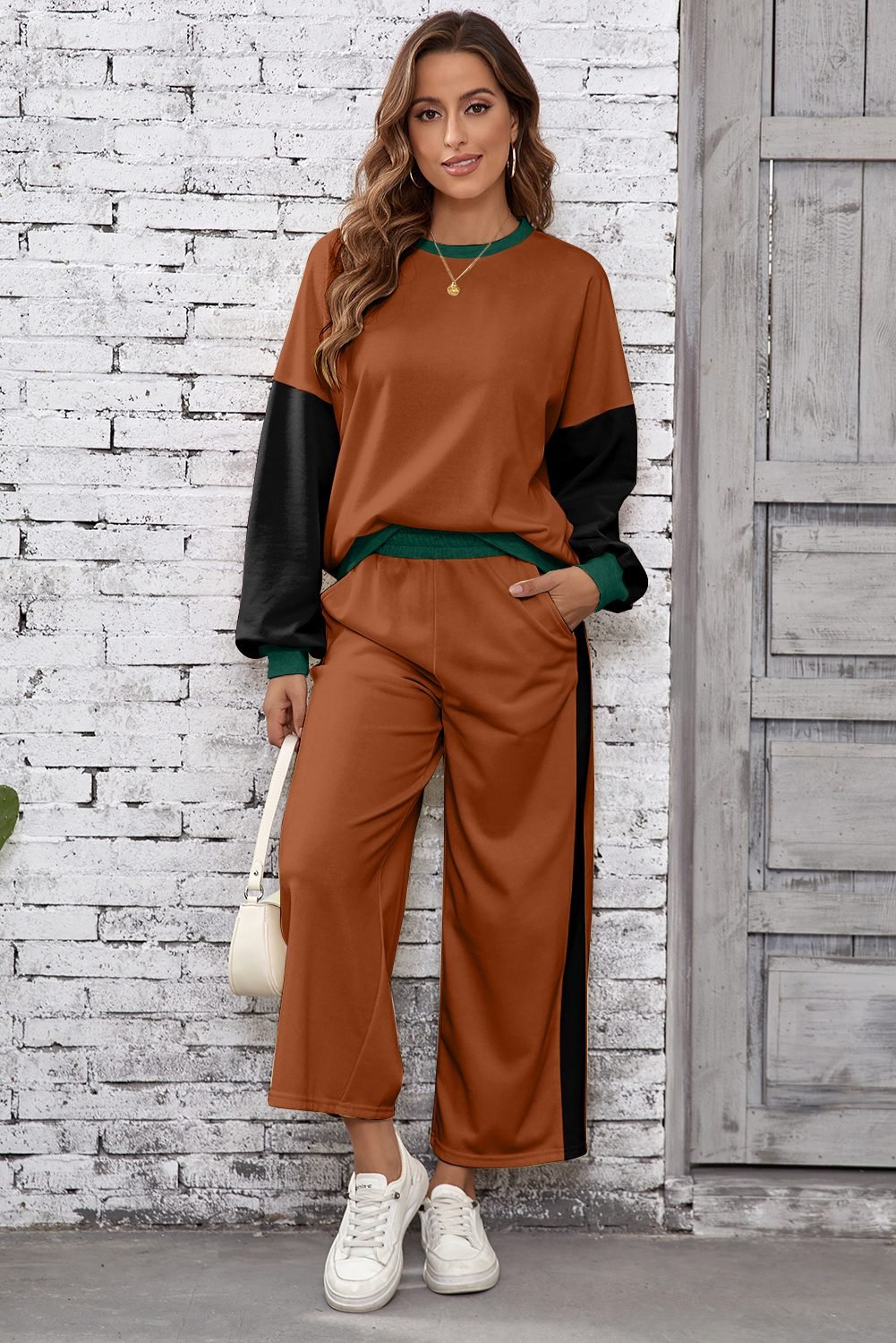 Chestnut 2Pcs Color Block Pullover Loose Pant Set