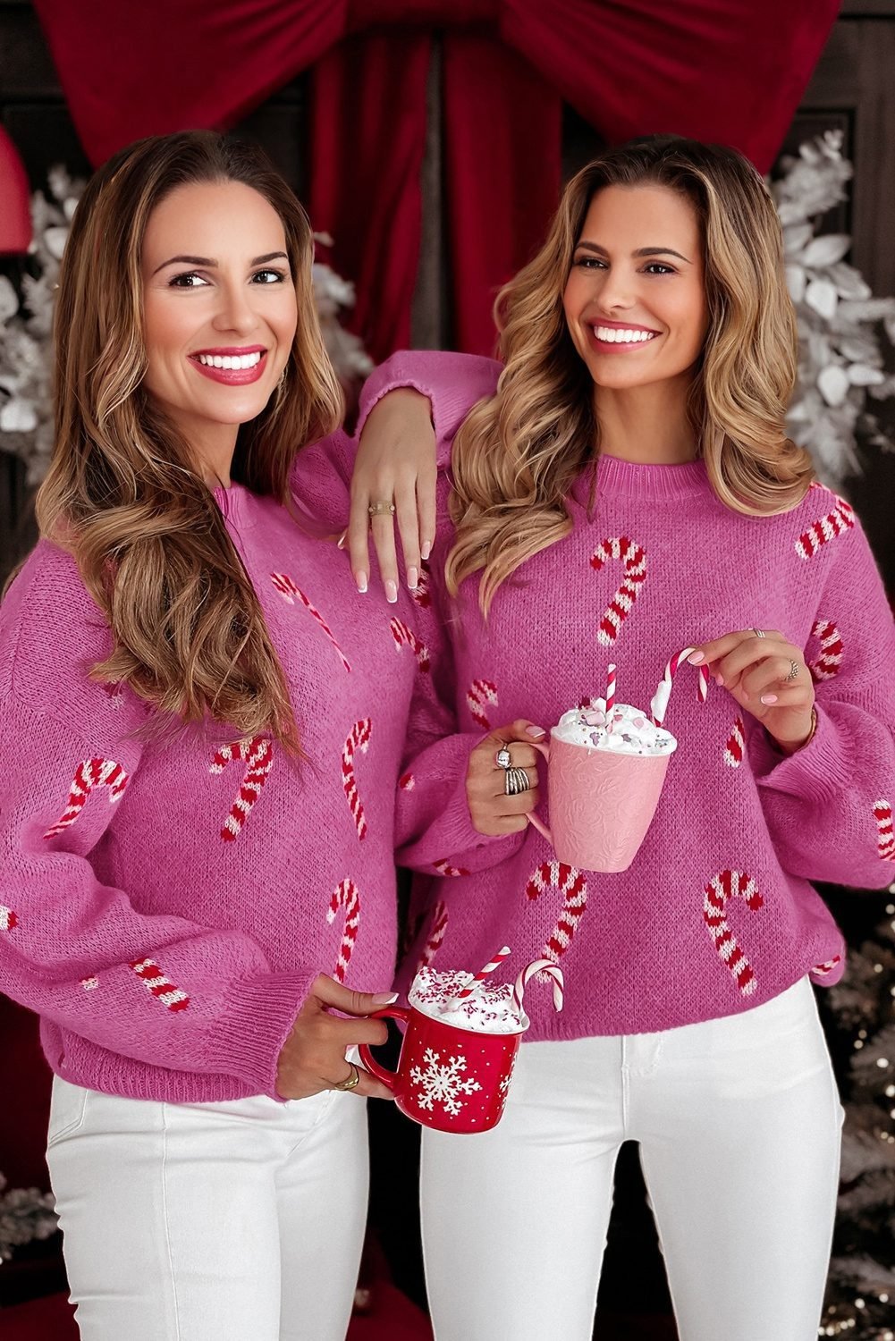 Sachet Pink Christmas Candy Cane Holiday Drop Shoulder Sweater