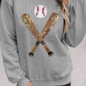Gray Sequin Baseball Graphic Crewneck Game Day Sweatshirt