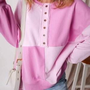 Pink Colorblock Henley High Low Oversize Sweatshirt