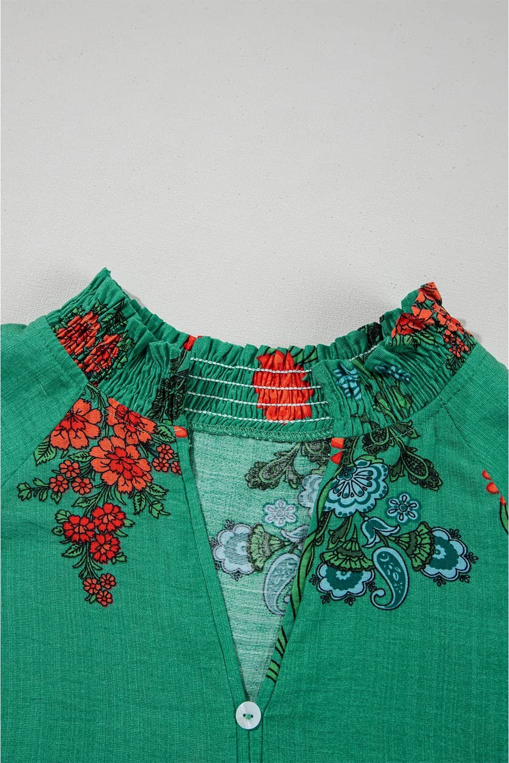 Bright Green Floral Print Buttoned V Neck Short Sleeve Blouse