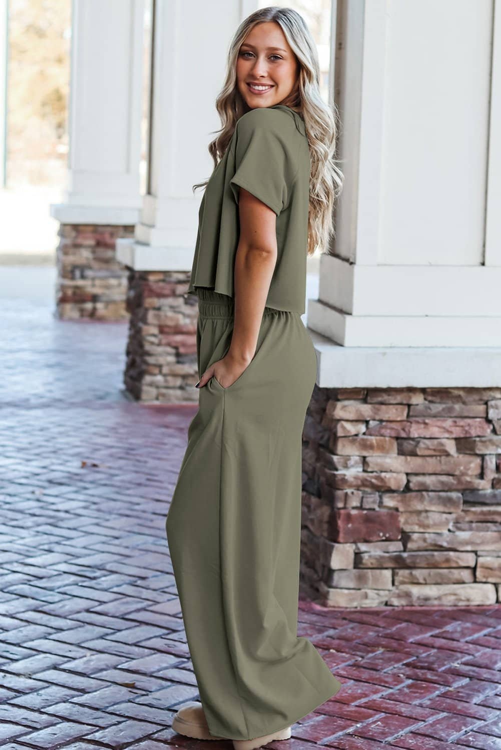 Seagrass Raw Hem Loose Tee And Wide Leg Pants Set