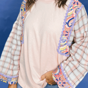 Delicacy Ricrac Trim Floral Plaid Patchwork Puff Sleeve Blouse