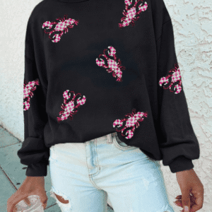 Black Sequined Crawfish Graphic Drop Shoulder Sweatshirt