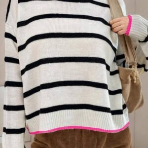 White Stripe Color Contrast Drop Shoulder Crew Neck Sweater