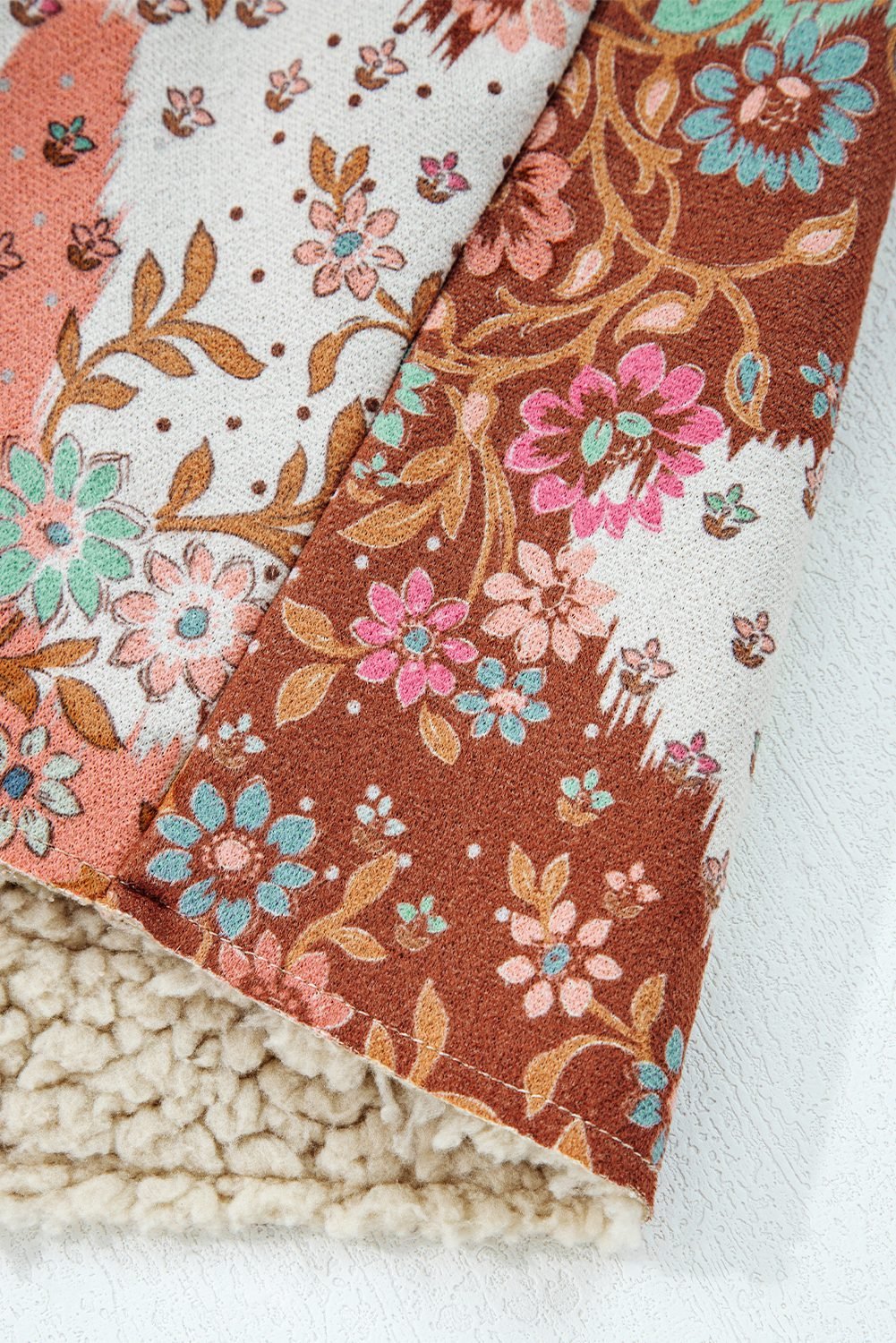 Khaki Vintage Floral Printed Sherpa Lined Hooded Jacket