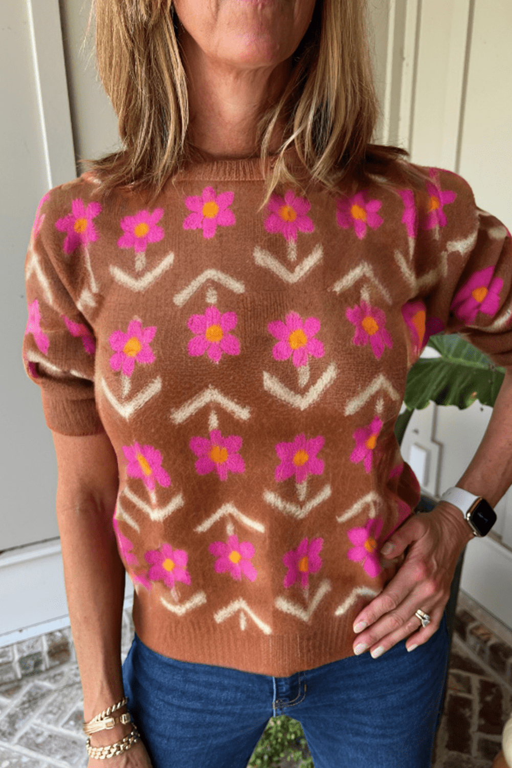 Brown Floral Short Puff Sleeve Sweater