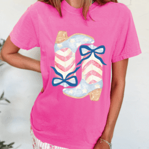 Sachet Pink Flag Pattern Boots Bow Accent Casual Graphic Tee