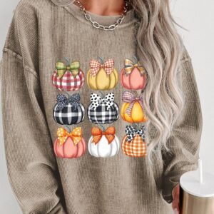 Khaki Trendy Textured Bow Pumpkin Graphic Baggy Sweatshirt