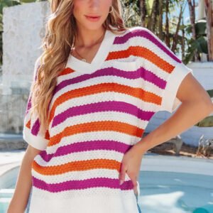 Rose Stripe V Neck Short Sleeve Sweater With Side Slits