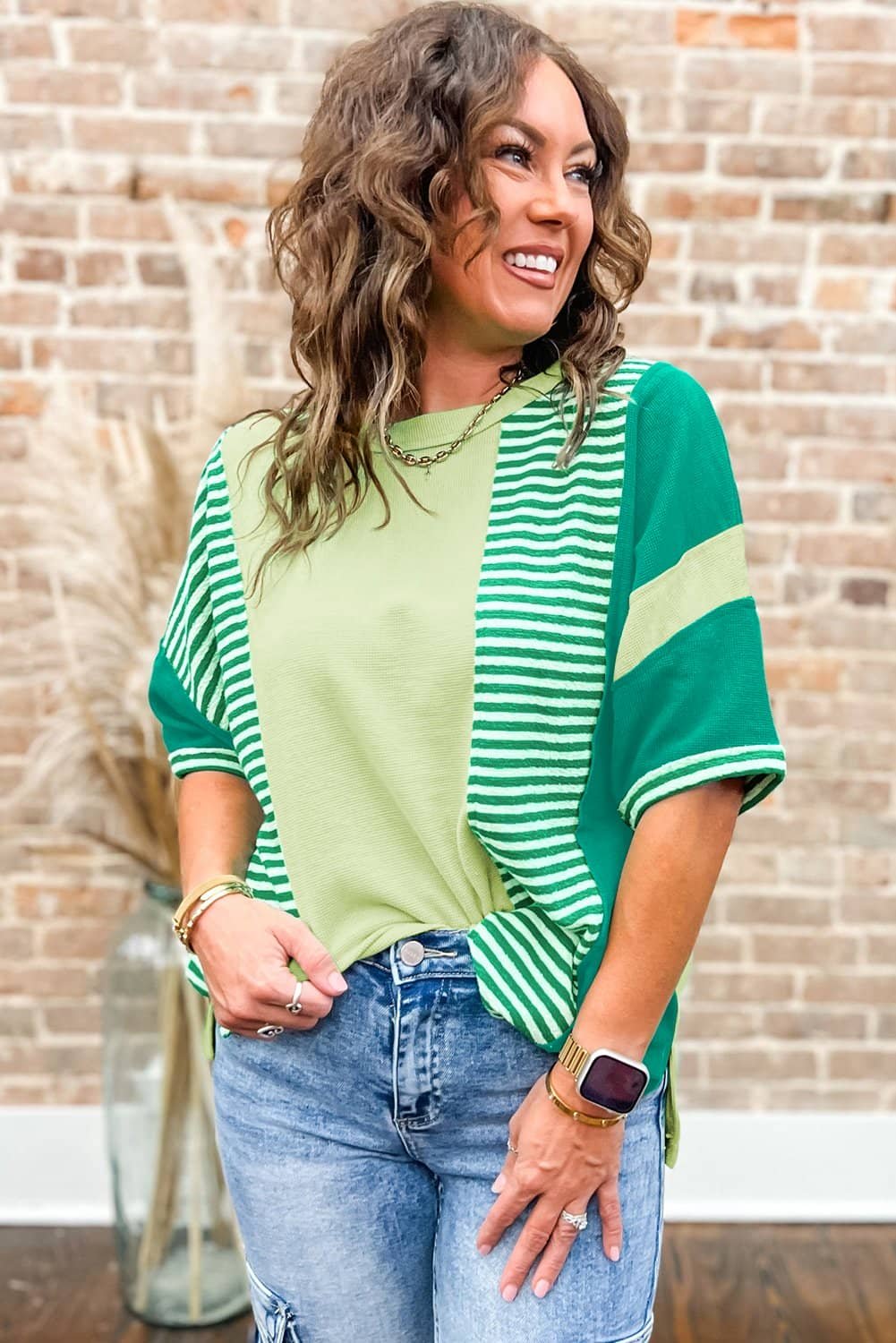 Green Stripe Patchwork Colorblock Plus Size T Shirt