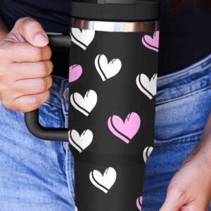 Black Valentines Heart Printed Thermos Cup With Handle