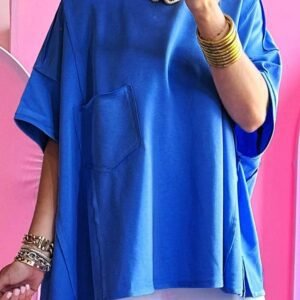 Blue Patched Pocket Exposed Seam Oversize T-Shirt