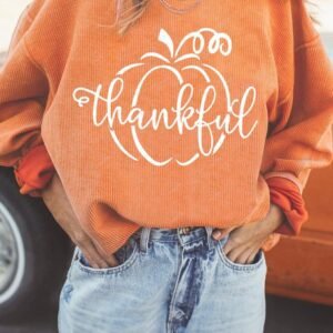 Orange Pumpkin Thankful Graphic Corded Thanksgiving Sweatshirt