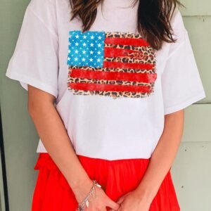 White Leopard Insert American Flag Pattern Cotton Blend T Shirt
