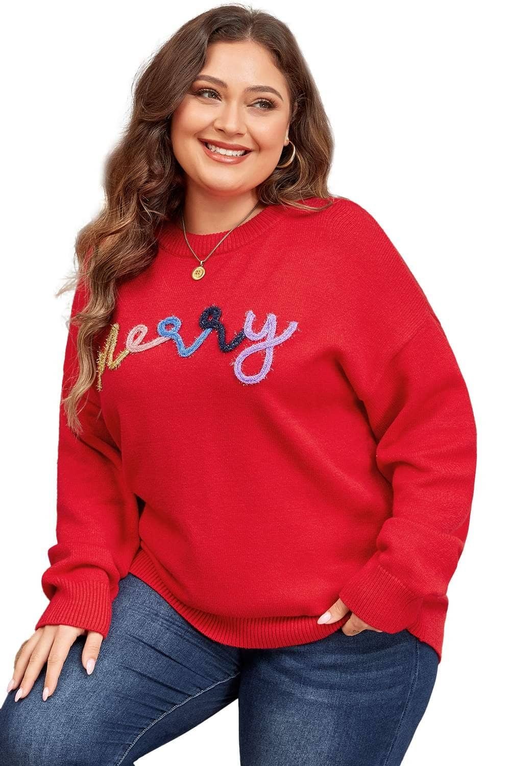 Fiery Red Tinsel Merry Pattern Drop Shoulder Plus Size Sweater