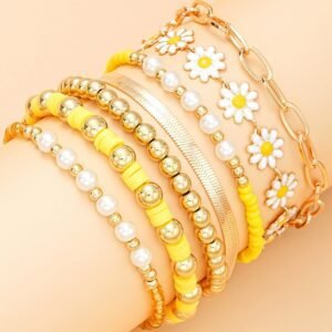 Gold Daisy Beaded Chain Adjustable Multi Layer Bracelet Set