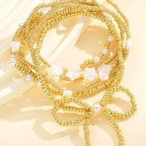 Gold Bow Knot Star Heart Beaded Multi Layer Bracelet