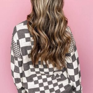 Gray Checkered Print Drop Shoulder Round Neck Sweater