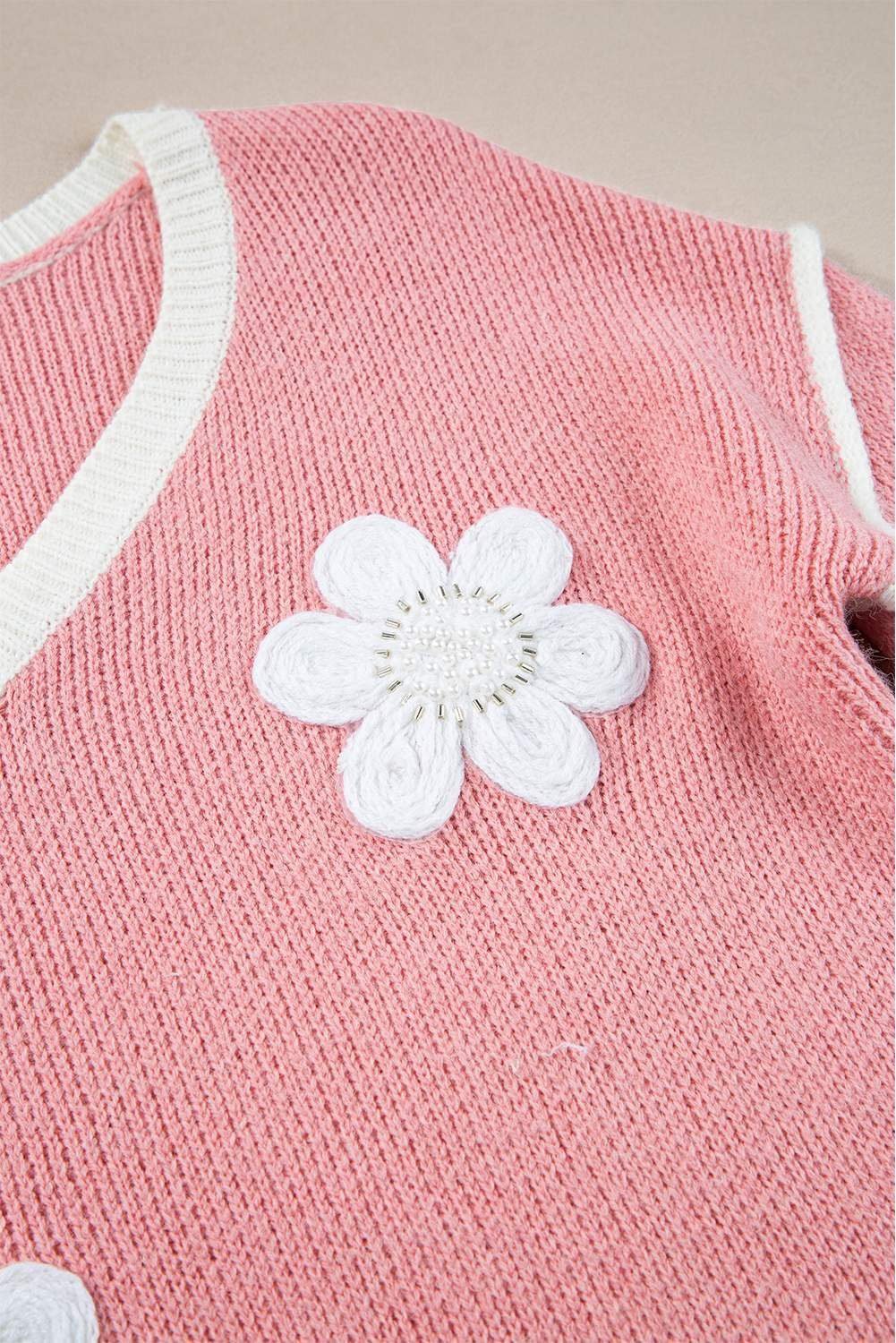 Pink Flower V Neck Dropped Shoulder Sweater