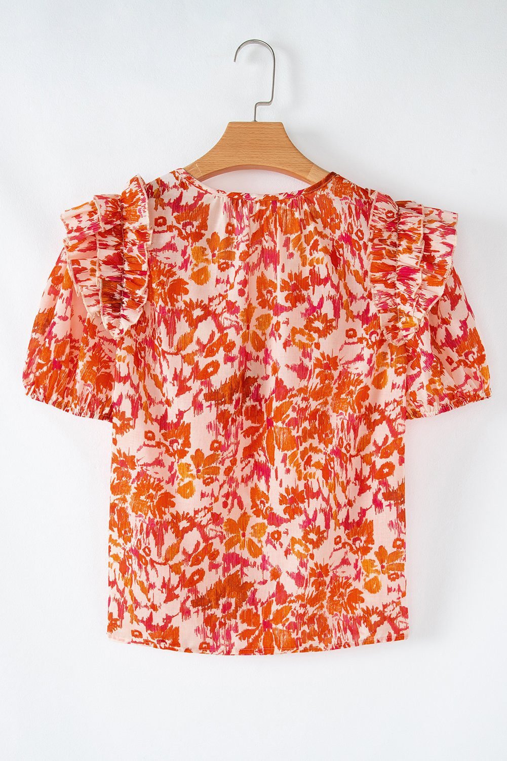 Orange Floral Print Ruffled Short Puff Sleeve Split Neck Blouse