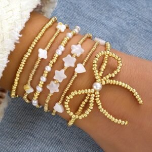Gold Bow Knot Star Heart Beaded Multi Layer Bracelet