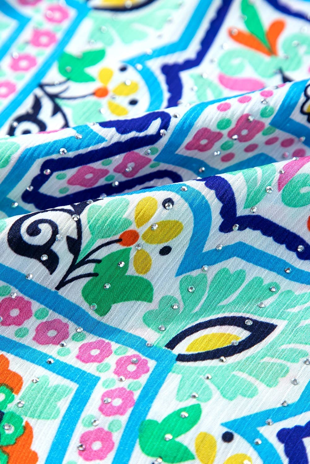 White Rhinestone Boho Floral Printed Spaghetti Strap Tank Top