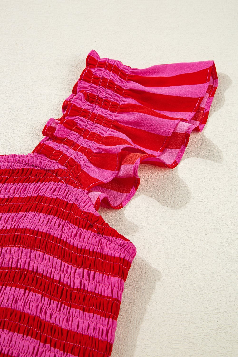 Rose Stripe Flutter Sleeve Smocked Bodice Tiered Maxi Dress