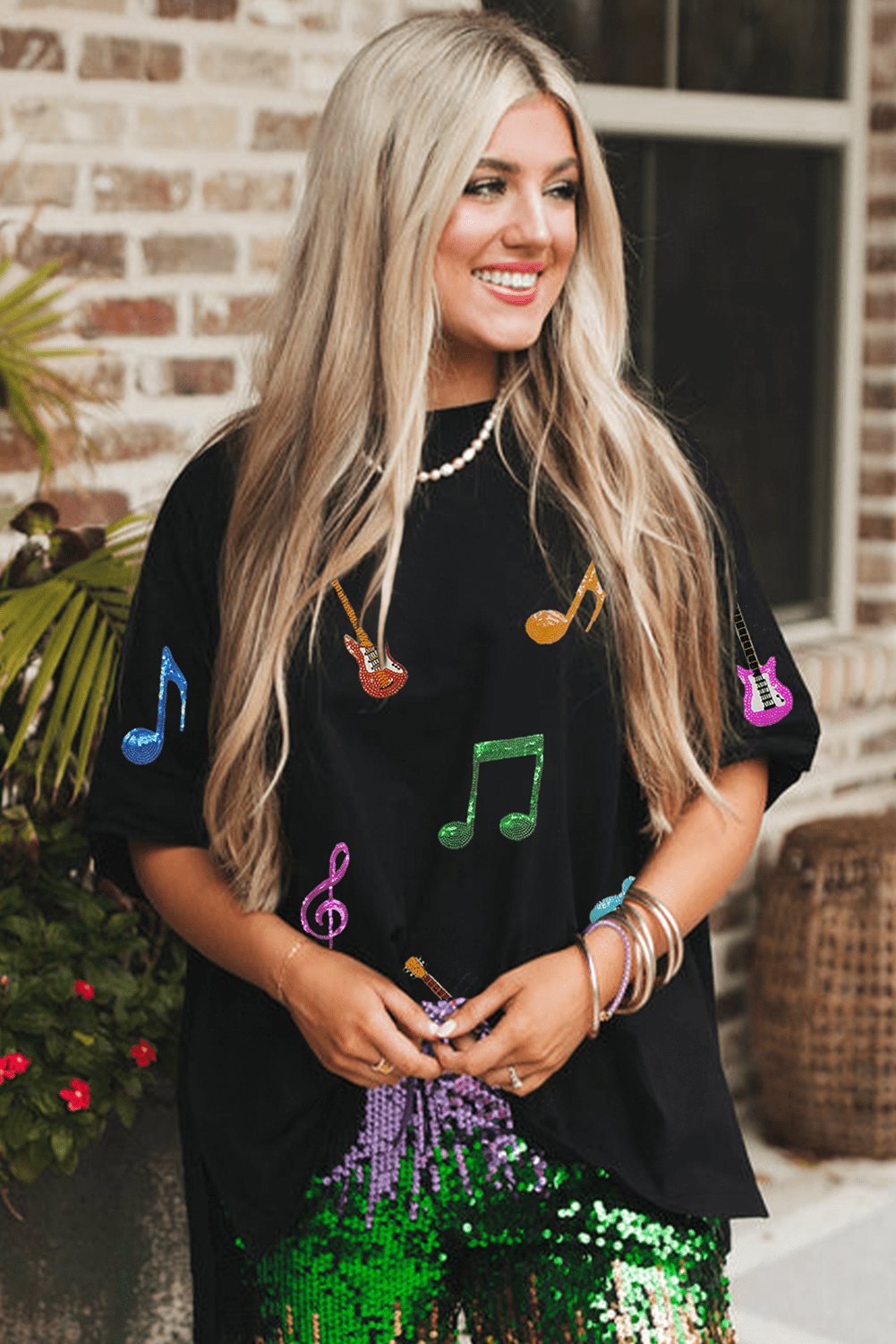 Black Guitar Music Notes Patched Graphic Oversize Tee