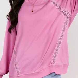 Bright Pink Lace Patched Raglan Sleeve Loose Fit Sweatshirt
