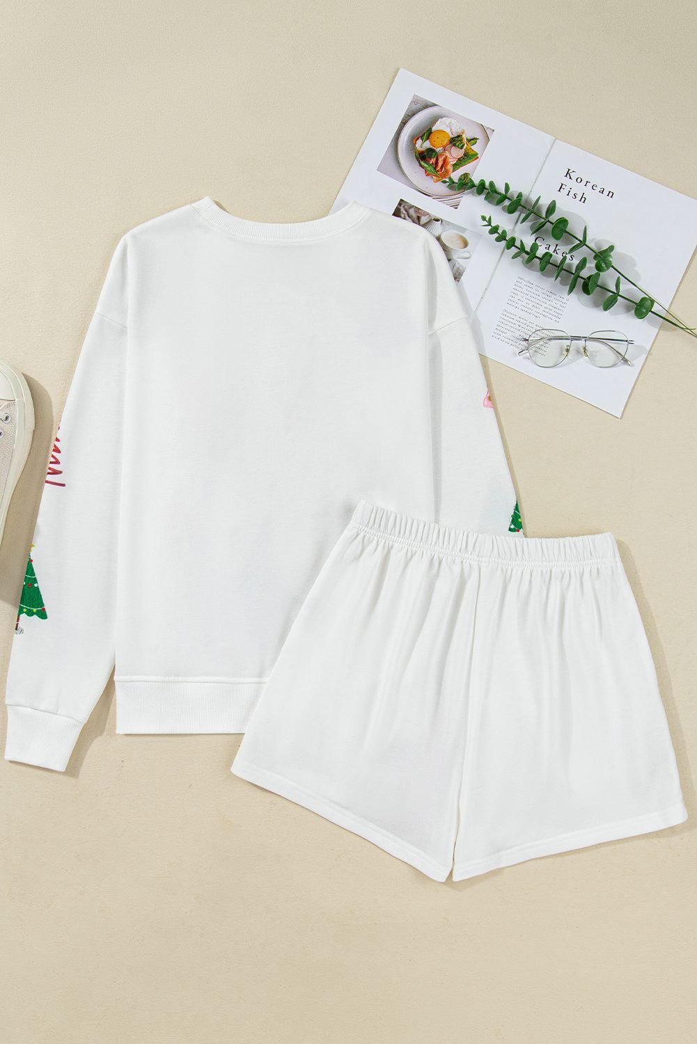 White Stripe Multi Christmas Tree Long Sleeve Top And Shorts 2Pcs Lounge Set