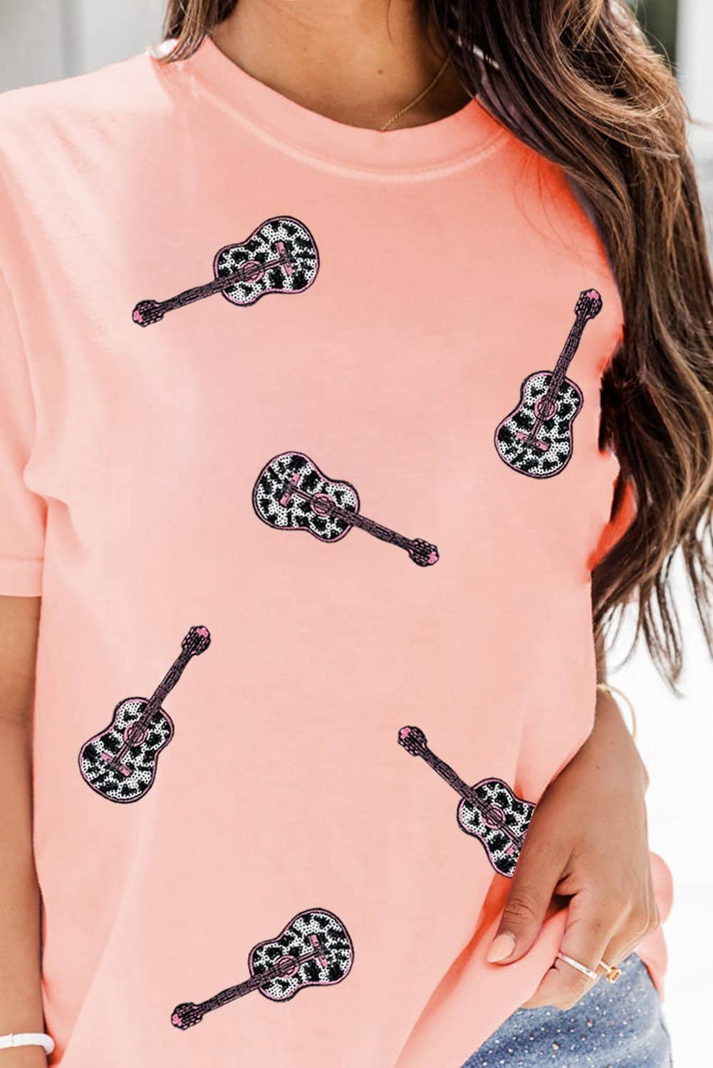 Pink Leopard Guitar Sequin Patch Crew Neck Tee