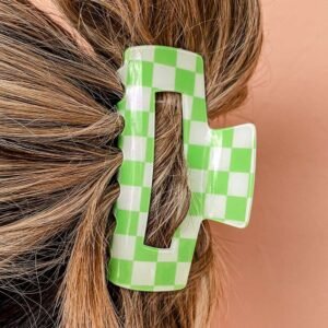 Light Green Checkered Print Hollow Out Hair Clip