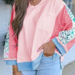 Light Pink Floral Colorblock Patchwork Chest Pocket Notched Neck Long Sleeve Top