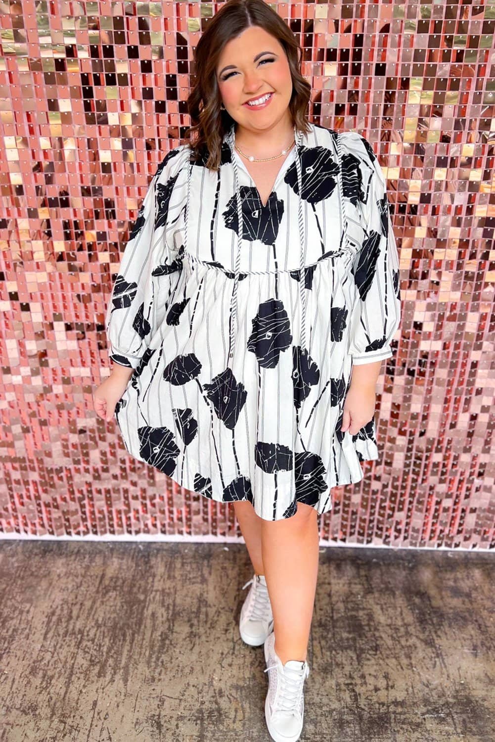 Black Plus Size Floral 3/4 Puff Sleeve Lace-Up Neck Mini Dress